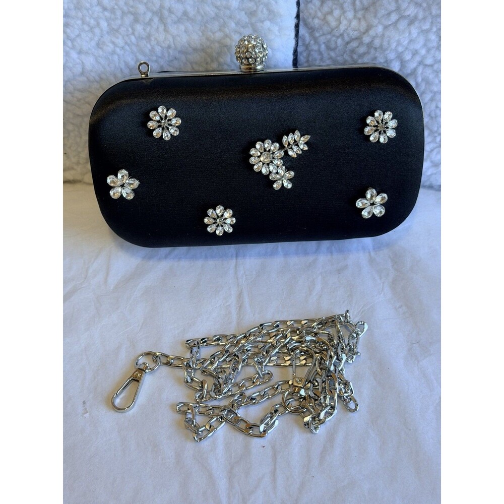 Express Black Satin Rhinestone Floral Clutch Evening Bag With Chain